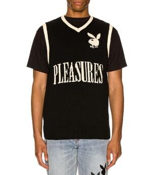PLEASURES x Playboy Sweater Vest Vintage V-Neck Sleeveless Logo Pullover, Black